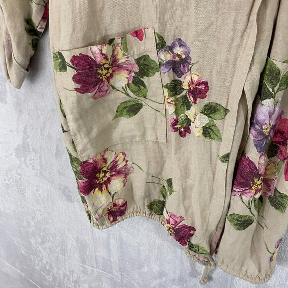 Coral Bay Floral Oversized Linen Open Front Jacket PM Petite Medium Beach Beige - Picture 13 of 16